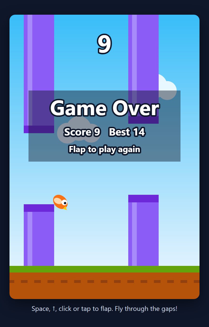 The finished Sky Hopper flappy-style game in JavaScript: an orange bird next to purple pillars on a blue sky, with a Game Over panel showing Score 9 and Best 14