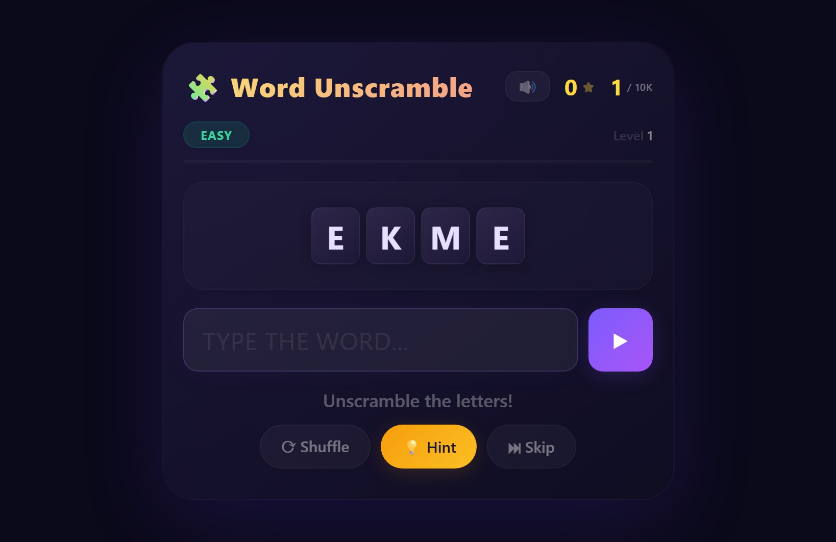 Word Unscramble Adventure game by Ajwa Fatima showing scrambled letter tiles, an answer box and Shuffle, Hint and Skip buttons